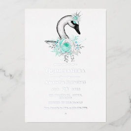 Aqua en Zilveren Zwanen Quinceañera Folie Uitnodig Uitnodiging