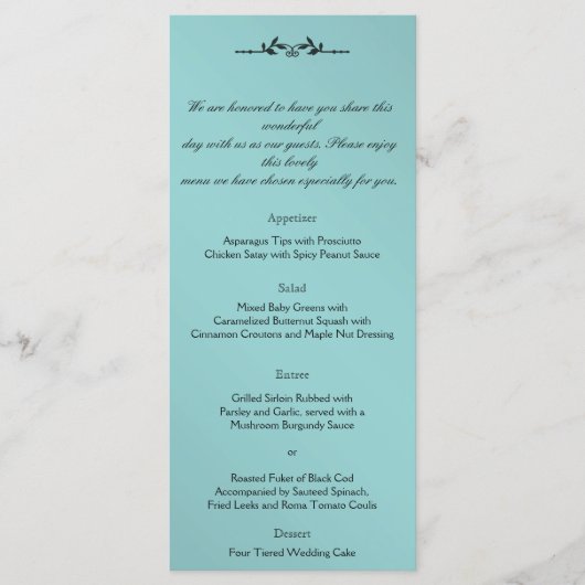 Aqua en Zwart Elegant Bruiloft Menu (Voorkant)