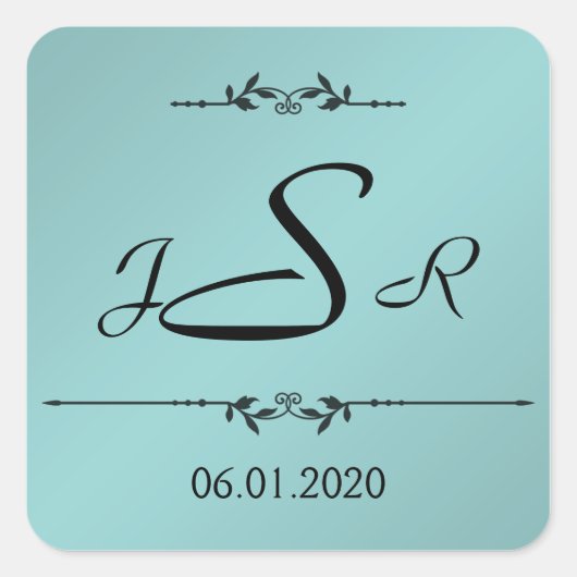 Aqua en Zwart Elegant Monogram Sticker (Voorkant)
