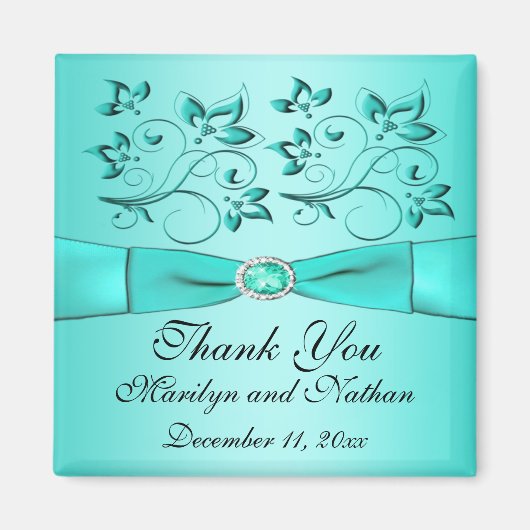 Aqua en zwarte bloemige trouwgunst magneet (Voorkant)