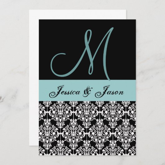 Aqua en Zwarte Damast Trouw Monogram Template (Voorkant / Achterkant)