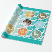 Aqua Family Photo Reindeer Kerstmis Merry Bright Cadeaupapier (Uitgerold)