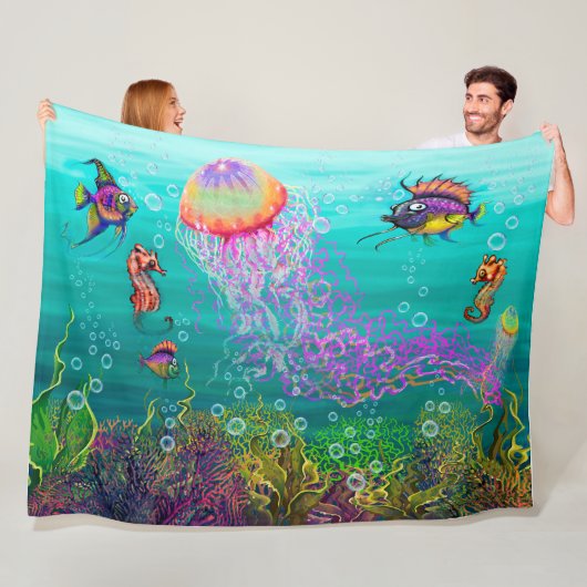 Aqua Fantasy Scene met Jellyfish Fleece Blanket Deken (In situ)