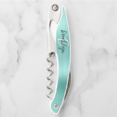 Aqua Faux Brushed Metal Monogram Script Kurkentrekker (Voorkant)