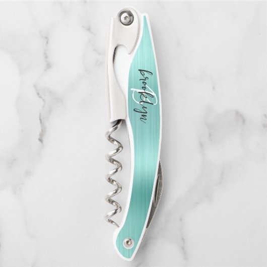 Aqua Faux Brushed Metal Monogram Script Kurkentrekker (Voorkant)
