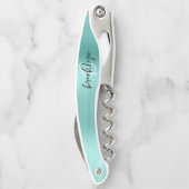 Aqua Faux Brushed Metal Monogram Script Kurkentrekker (Achterkant)