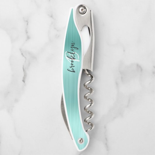 Aqua Faux Brushed Metal Monogram Script Kurkentrekker (Achterkant)