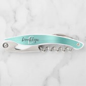 Aqua Faux Brushed Metal Monogram Script Kurkentrekker (Voorkant)