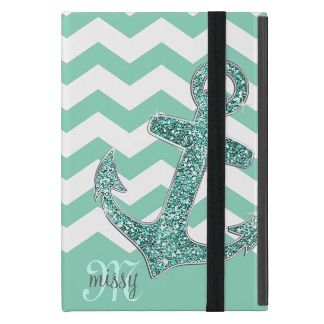 Aqua Faux Glitter Anchor Chevron Persoonlijk iPad Mini Hoesje (Voorkant Dicht)