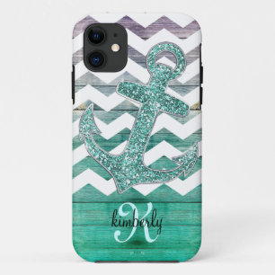 Aqua Faux Glitter Anchor Wood Chevron Persoonlijk iPhone 11 Hoesje