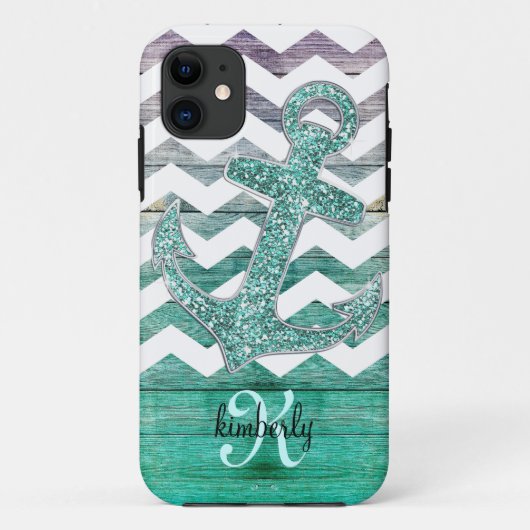 Aqua Faux Glitter Anchor Wood Chevron Persoonlijk Case-Mate iPhone Case (Achterkant)