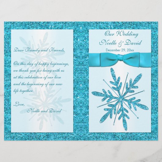 Aqua FAUX Glitter Snowflakes Wedding Programme (Voorkant)