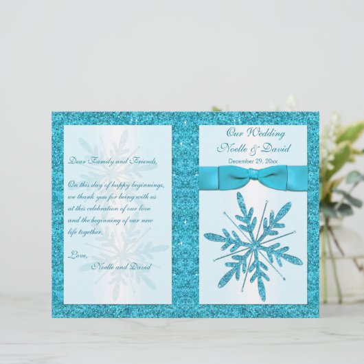Aqua FAUX Glitter Snowflakes Wedding Programme (Staand voorkant)