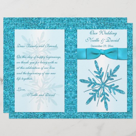Aqua FAUX Glitter Snowflakes Wedding Programme (Voorkant / Achterkant)