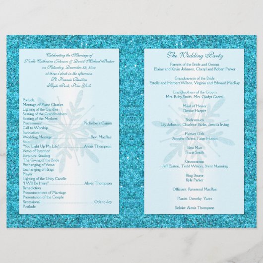 Aqua FAUX Glitter Snowflakes Wedding Programme (Achterkant)