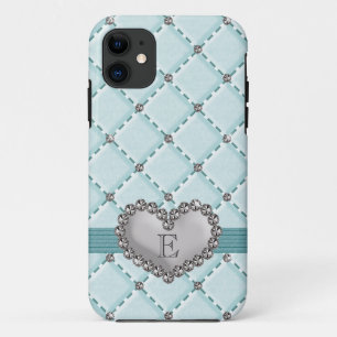 Aqua Faux Quilted Rhinestone Hart iPhone 11 Hoesje