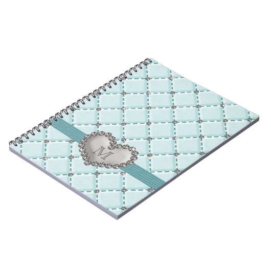 Aqua Faux Quilted Rhinestone Heart Spiral notebook Notitieboek (Linkerzijde)