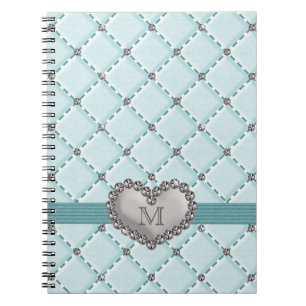 Aqua Faux Quilted Rhinestone Heart Spiral notebook Notitieboek