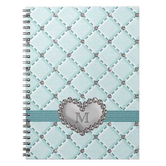 Aqua Faux Quilted Rhinestone Heart Spiral notebook Notitieboek (Voorkant)