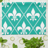Aqua Fleur de Lis met monogram initiaal Theedoek (Gevouwen)