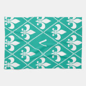 Aqua Fleur de Lis met monogram initiaal Theedoek (Horizontaal)