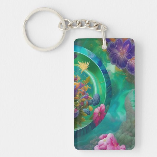 Aqua Floral Abstracte onderwatertuin Sleutelhanger (Voorkant)