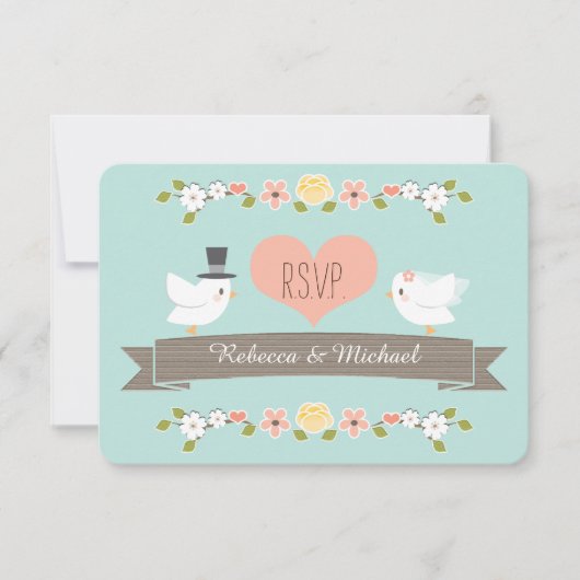 Aqua Floral Dove Wedding RSVP-reactiekaarten RSVP Kaartje (Voorkant)