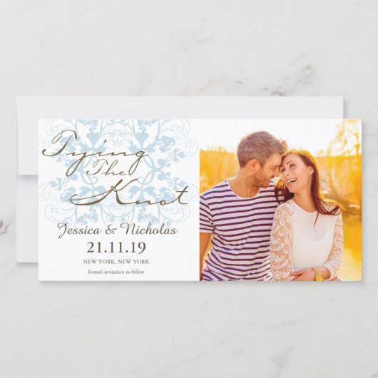 Aqua Floral Flourish Tying the Knot Photo Card Save The Date (Voorkant)
