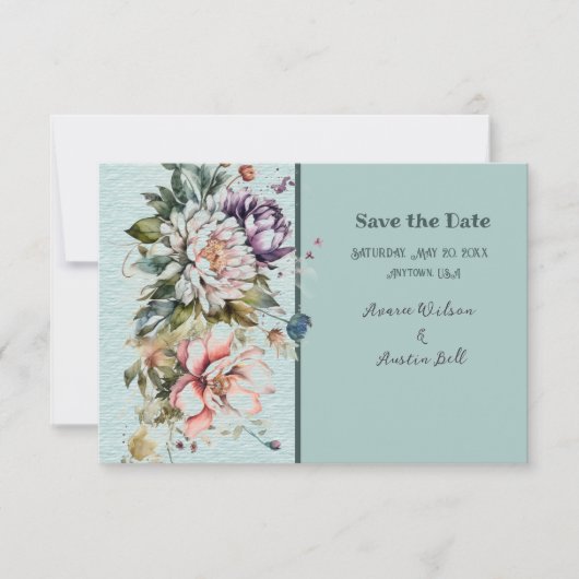 Aqua Floral Lawn Bruiloft Save The Date (Voorkant)