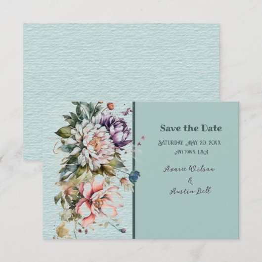 Aqua Floral Lawn Bruiloft Save The Date (Voorkant / Achterkant)