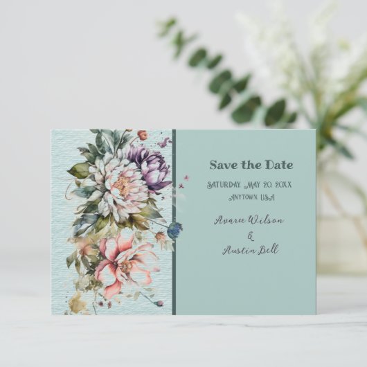 Aqua Floral Lawn Bruiloft Save The Date (Staand voorkant)