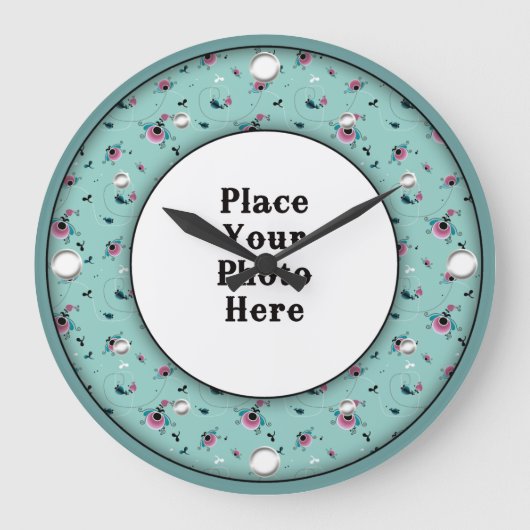Aqua Floral Lijst Uw fotowandklok Grote Klok (Voorkant)