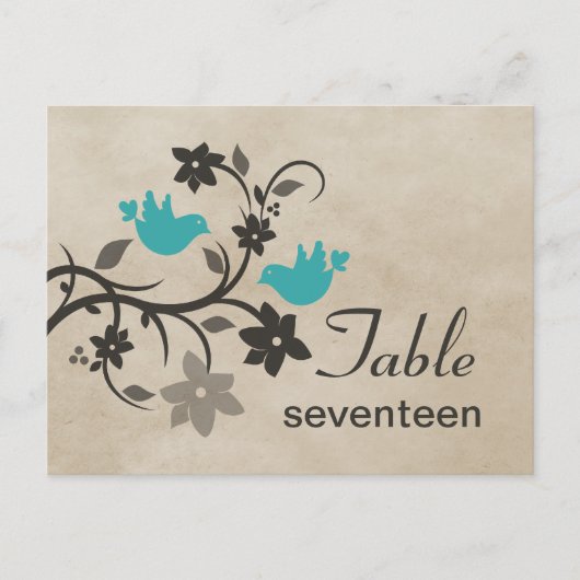 Aqua Floral Lovebird Table Number Briefkaart (Voorkant)
