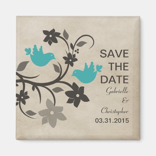 Aqua Floral Lovevogels sparen de Datum Magnet (Voorkant)