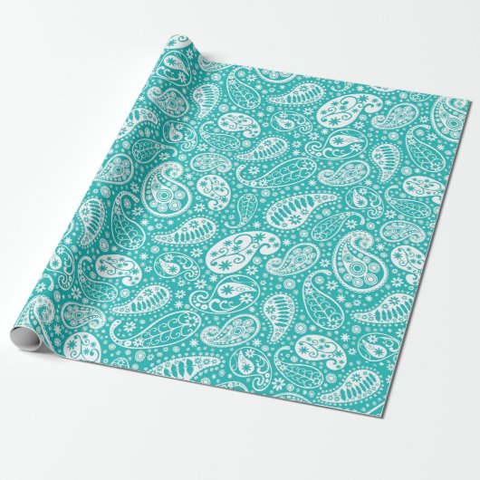 Aqua Floral Paisely Pattern Cadeaupapier (Uitgerold)