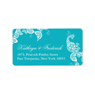 Aqua Floral Paisley Peacock bruiloft Adresetikette Etiket