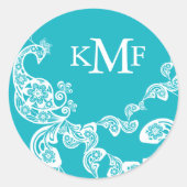 Aqua Floral Paisley White Peacock Wedding Favor Ronde Sticker (Voorkant)