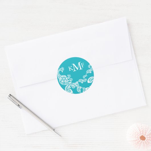 Aqua Floral Paisley White Peacock Wedding Favor Ronde Sticker (Envelop)