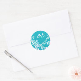 Aqua Floral Paisley White Peacock Wedding Favor Ronde Sticker