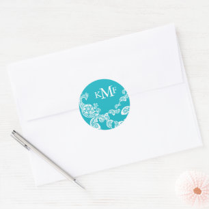 Aqua Floral Paisley White Peacock Wedding Favor Ronde Sticker