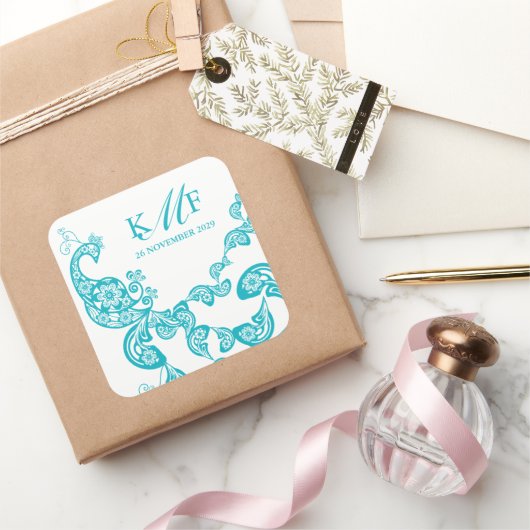 Aqua Floral Paisley White Peacock Wedding Favor Vierkante Sticker (Geschenken)