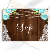Aqua Floral Rustic Wood String Lights Wedding RSVP Briefkaart