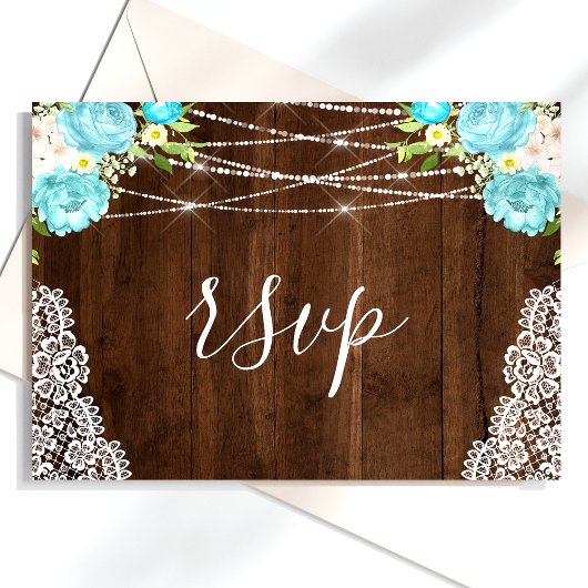 Aqua Floral Rustic Wood String Lights Wedding RSVP Briefkaart