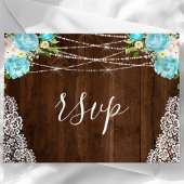 Aqua Floral Rustic Wood String Lights Wedding RSVP Briefkaart
