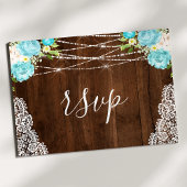 Aqua Floral Rustic Wood String Lights Wedding RSVP Briefkaart