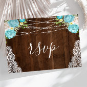 Aqua Floral Rustic Wood String Lights Wedding RSVP Briefkaart