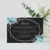 Aqua Floral Silver Black Wedding Details Informatiekaartje (Staand voorkant)