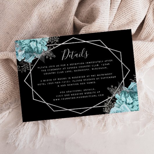 Aqua Floral Silver Black Wedding Details Informatiekaartje
