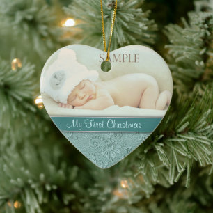 Aqua Floral Swirl Baby Eerste Kerstmis Keramisch Ornament