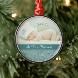 Aqua Floral Swirl Baby Eerste Kerstmis Metalen Ornament